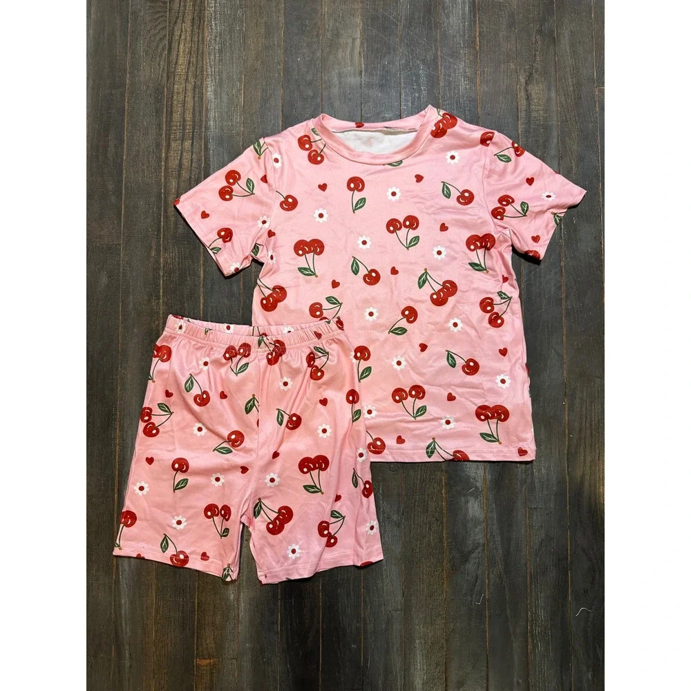 Girls Pink Cherry Daisy Heart Print Pajama Set Short Sleeve Shirt Shorts 2PC